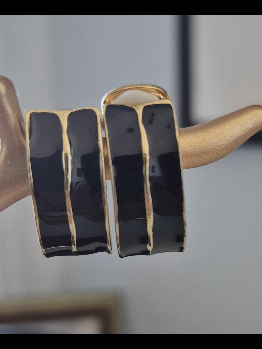 Elegant Black Enamel and Gold Hoop Earrings